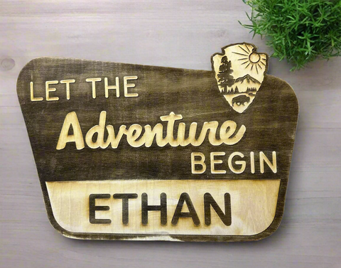 "Let the Adventure Begin" - Personalized National Parks Inspired Wood Sign